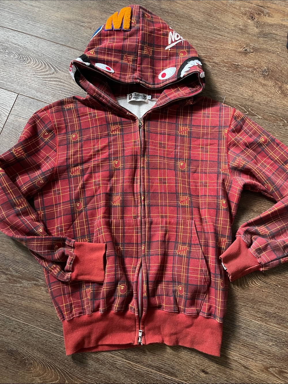 ABathing Ape Graphic Red Plaid Full-Zip Hoodie Sweater